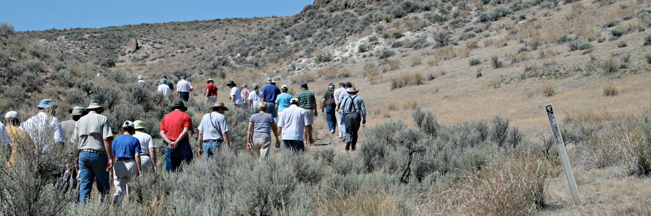 People walk up a through a sage brush covered ravine.