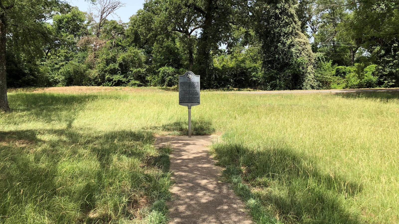 A small trail leads to a sign in a grassy area with trees around.
