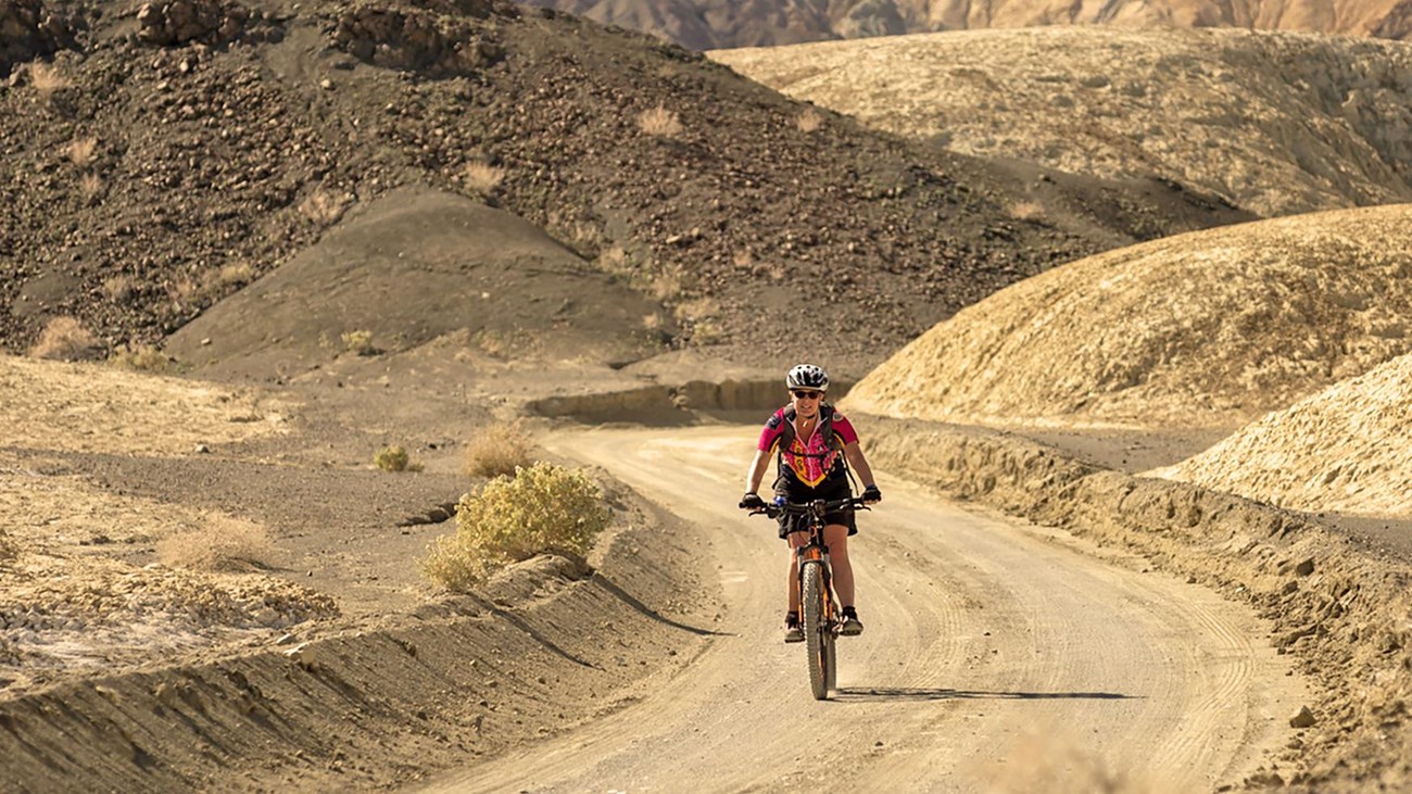 A mountain biker rides down a dirt road toward the camera between yellow hills with few plants. 