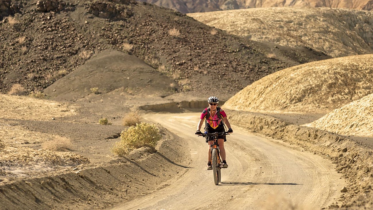A mountain biker rides down a dirt road toward the camera between yellow hills with few plants.