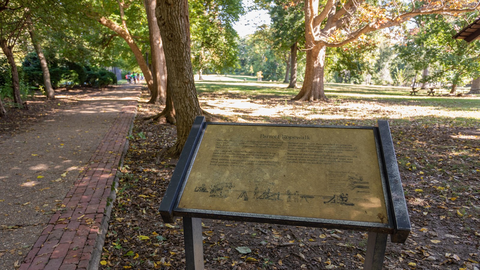 An informational panel in a wooded area with a trail to the left. 