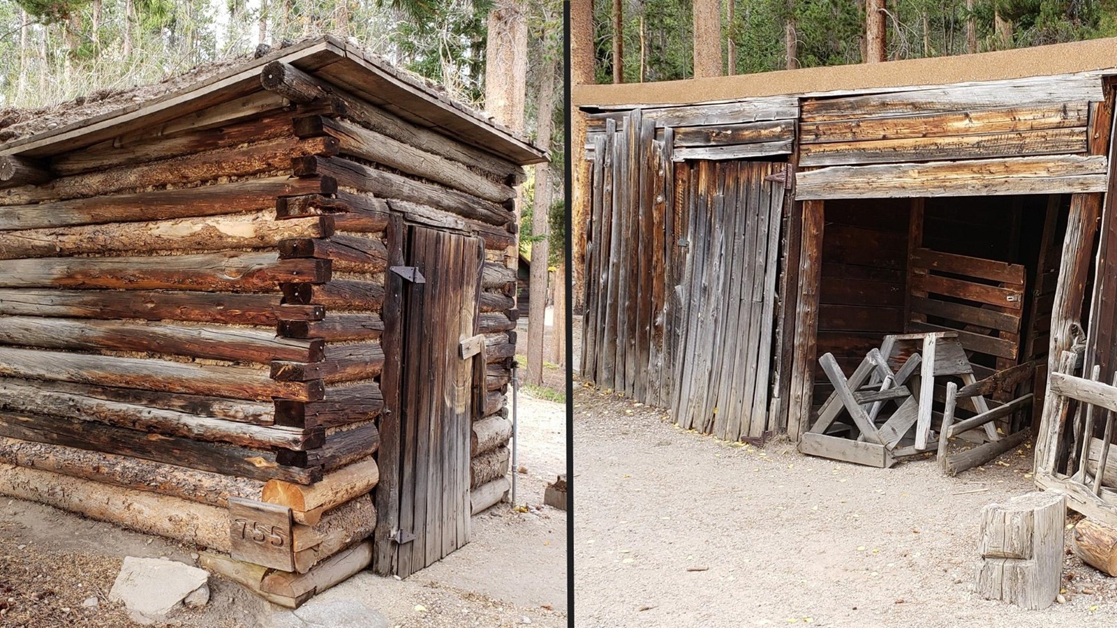 Historic wooden ice house and wood shed made from wooden logs