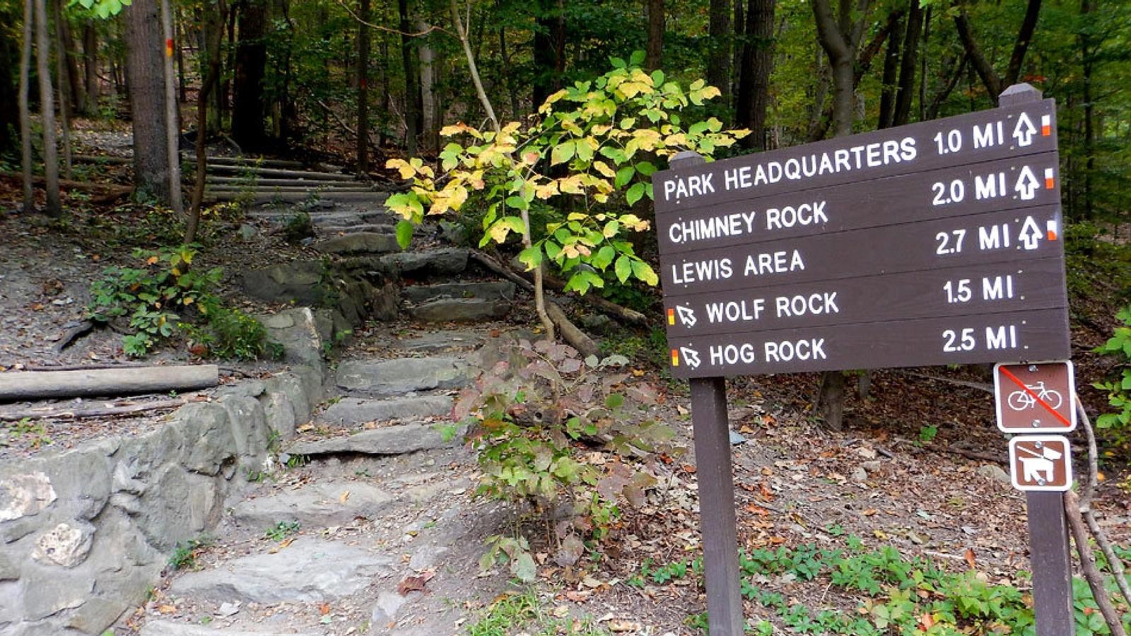 A large brown sign, next to a forested trail pointing in varying directions with trail distances.