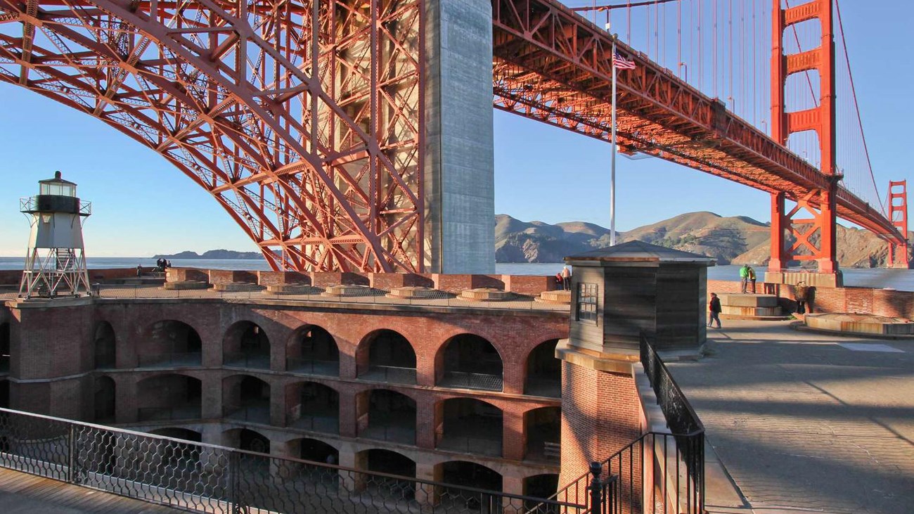 Looking down from the roof of Fort Point into the casemates that line the lower floors.