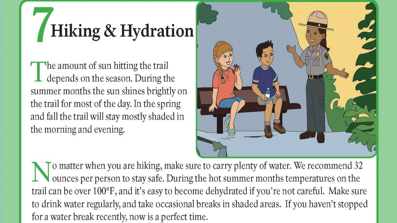 An illustrated ranger talks to a young boy and girl sitting on a bench and eating snacks.