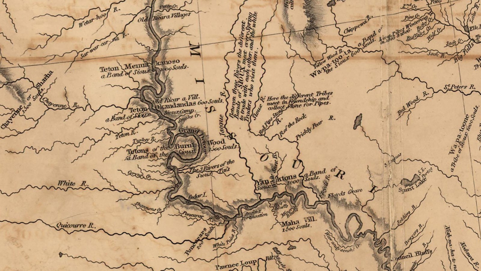 Section of an 1814 map showing the Missouri River and several large settlements of Indigenous people