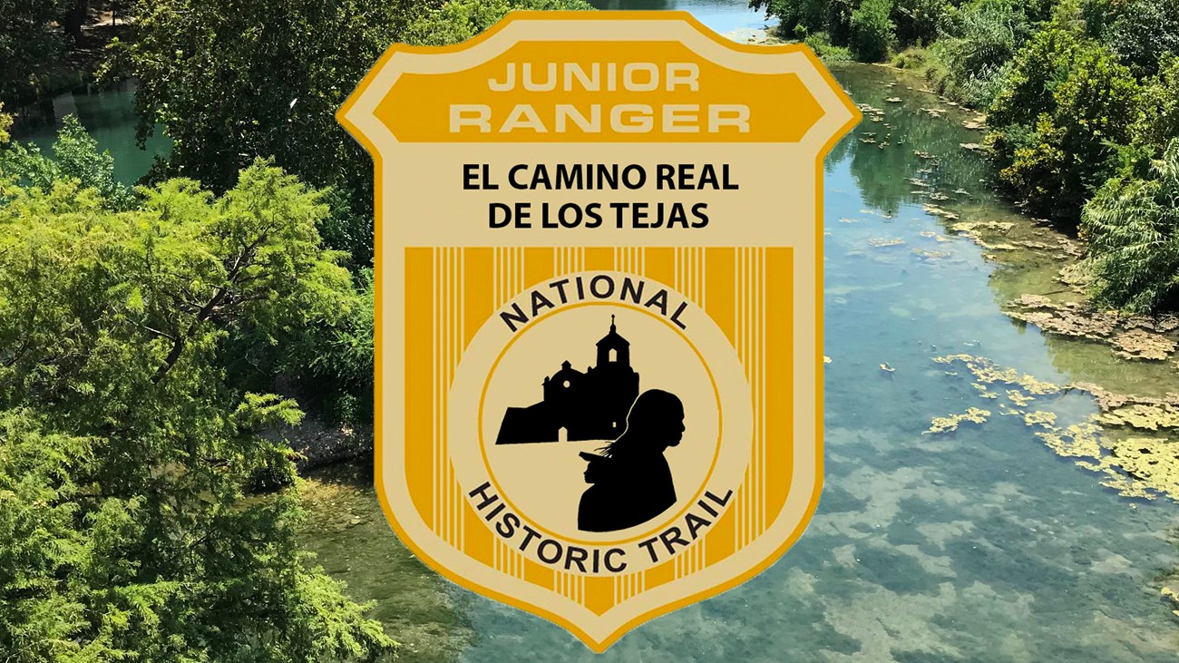 a junior ranger badge over an image of a creek through the woods