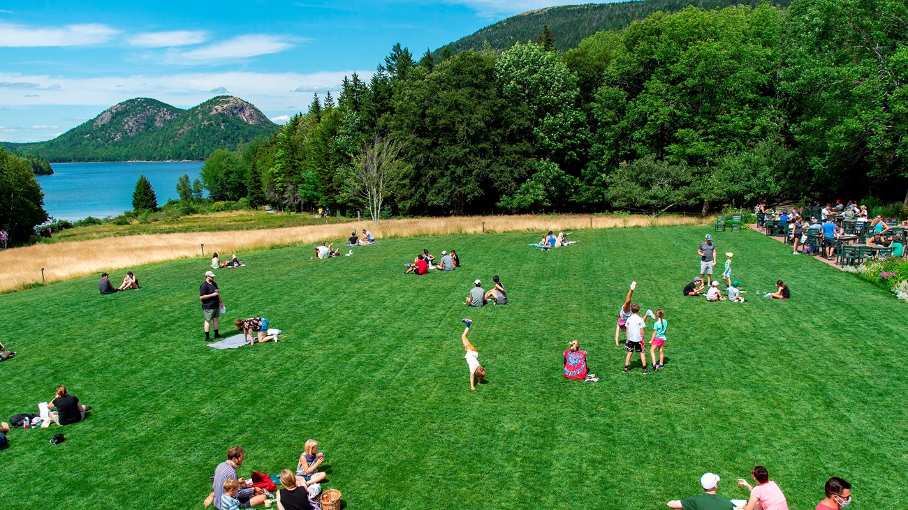 Groups of people sit on a mowed lawn in front of a lake and distant mountains