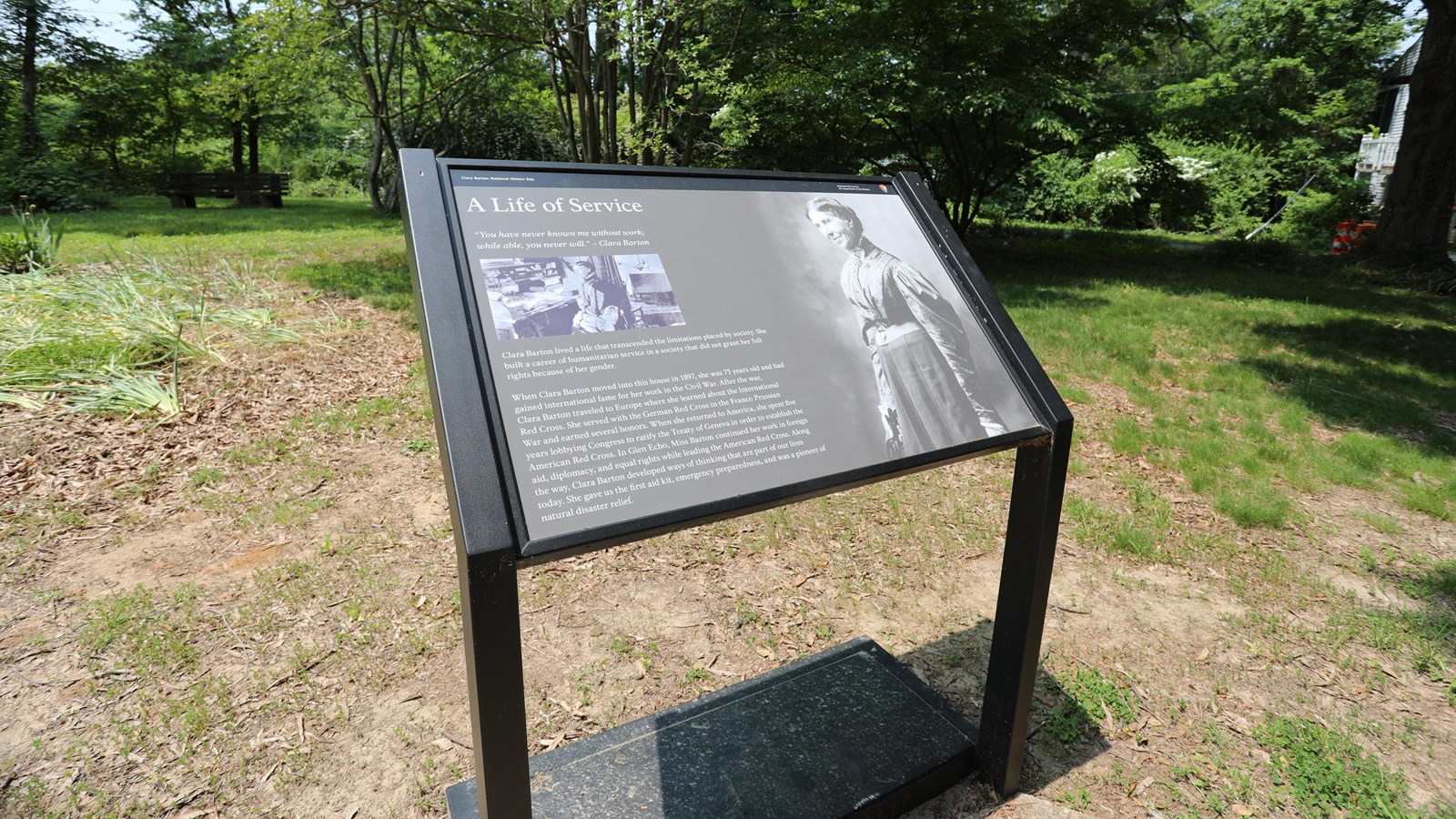 An information panel with a large photo of Clara Barton.