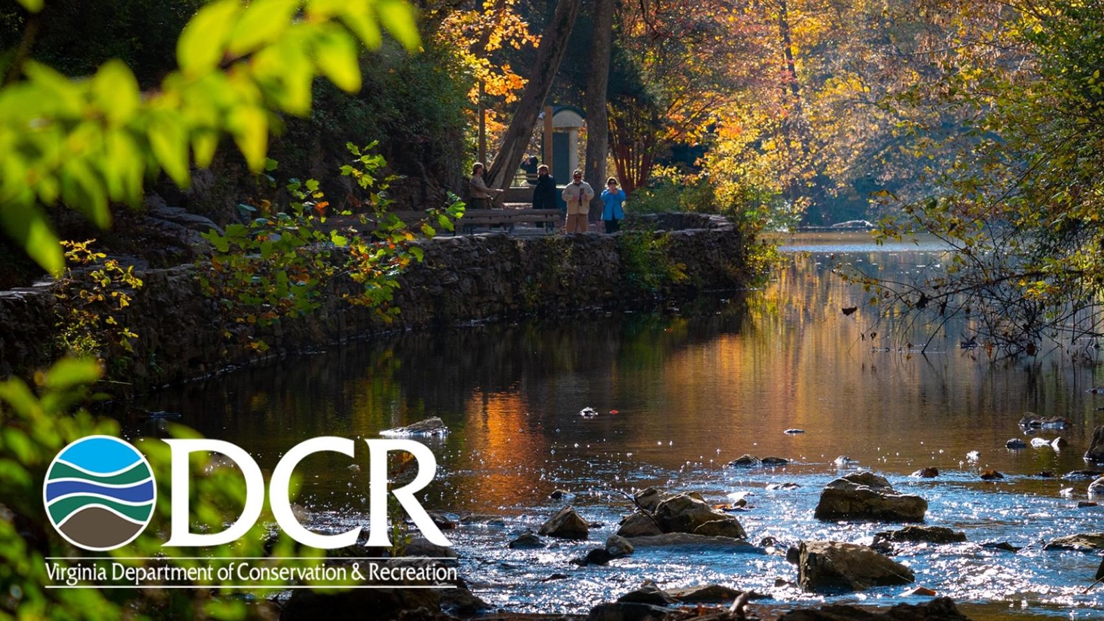 Panoramic autumn woodland with people beside a reflective stream.