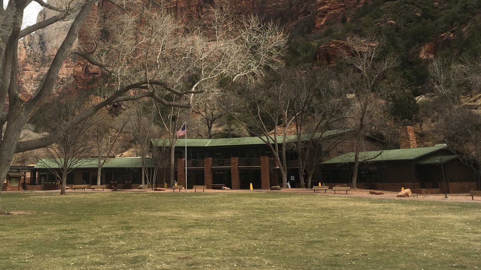 A green lawn with a large tree extends back to a structure in Zion Canyon