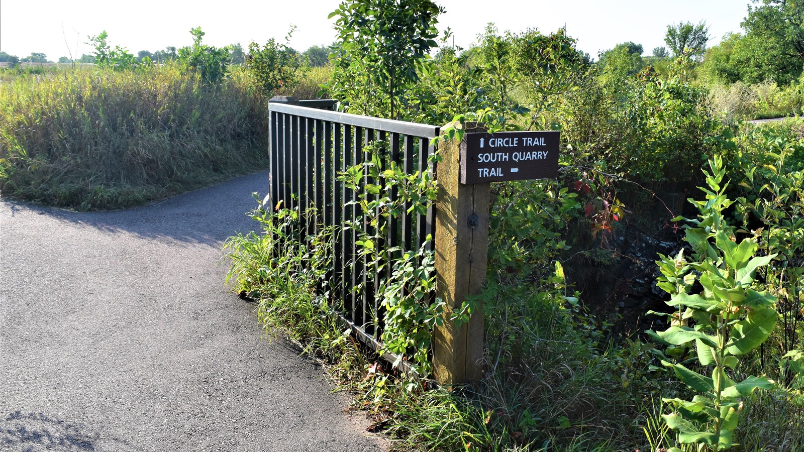 A forked path and a sign on a railing directing people to the Circle Trail or South Quarry Trail