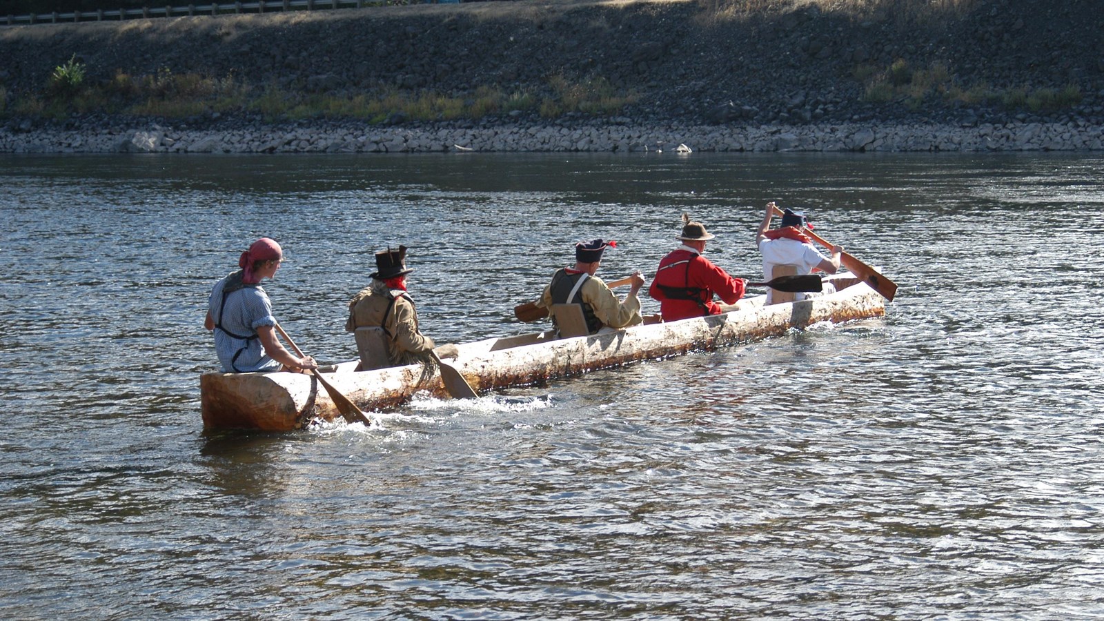 Lewis and Clark Reenactors in a Nez Perce style dugout canoe on the Clearwater River