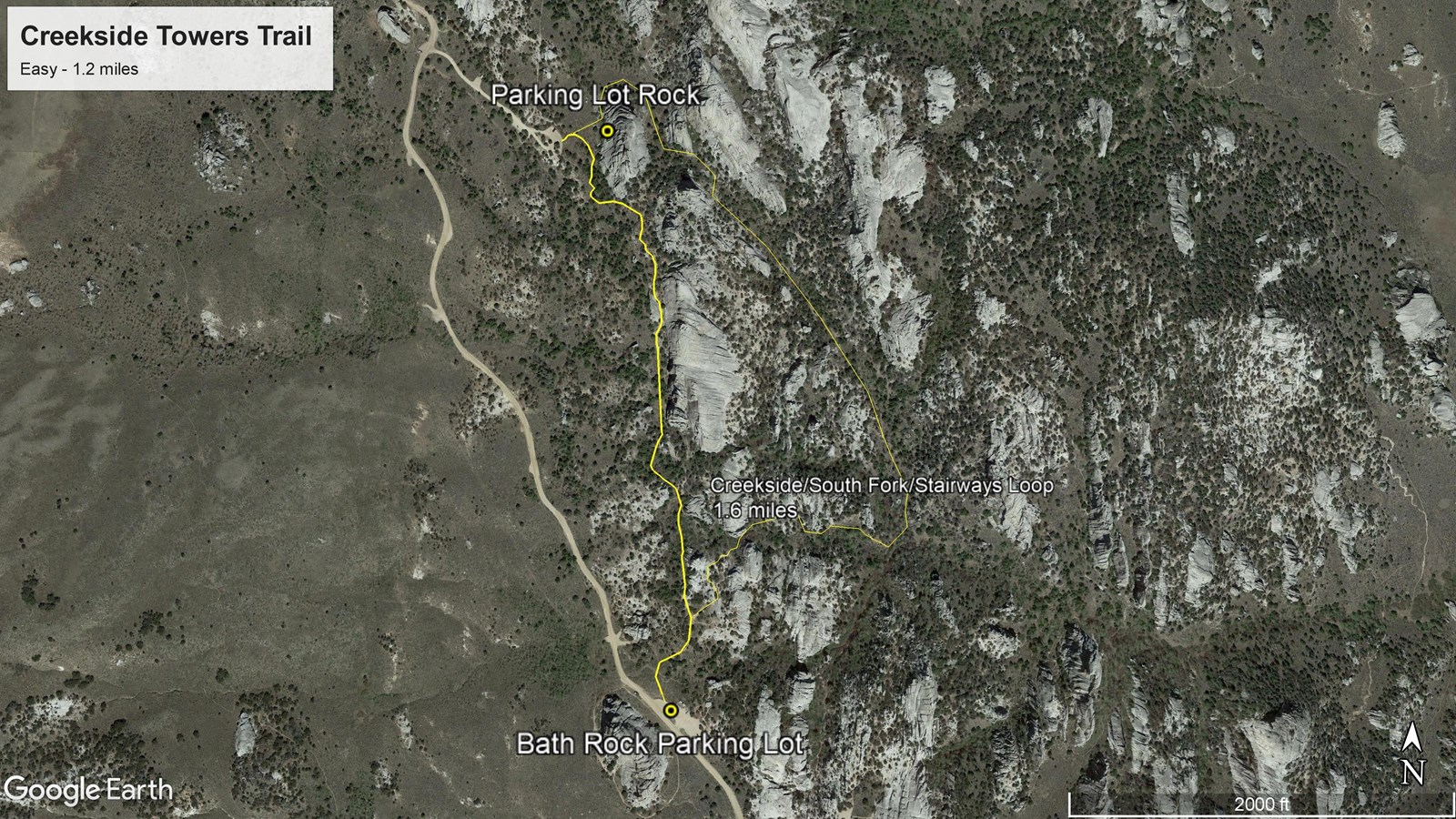 Satellite map highlighting the Creekside Towers Trail and South Fork to Stairways loop hike.