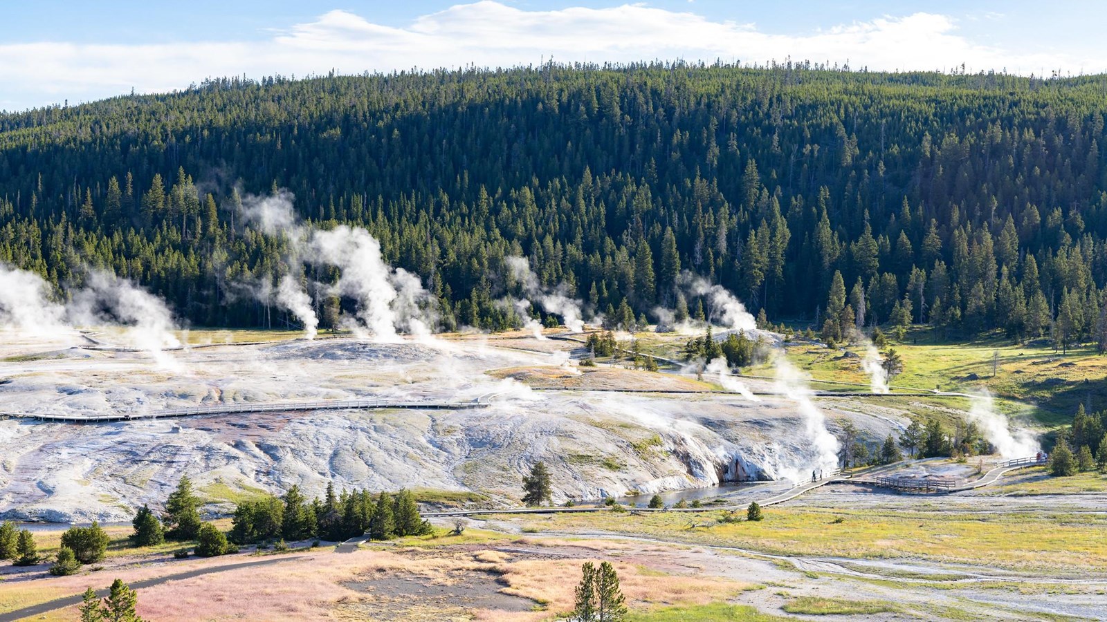 Steam rises from thermal features located on a barren hill in a hydrothermal basin.
