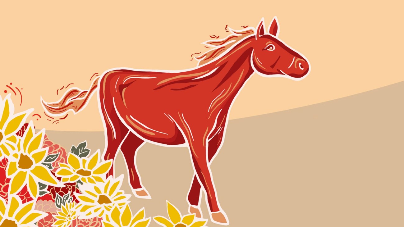 Illustration of a red horse surrounded by flowers. 