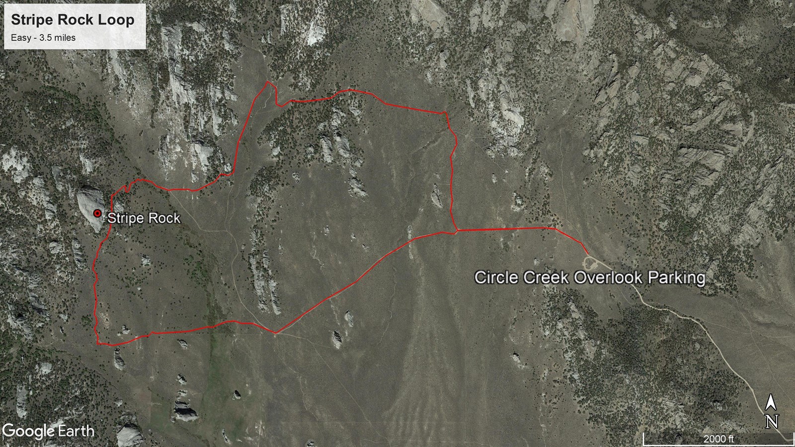 Satellite map highlighting the Stripe Rock Loop hike, starting from Circle Creek Overlook Parking.