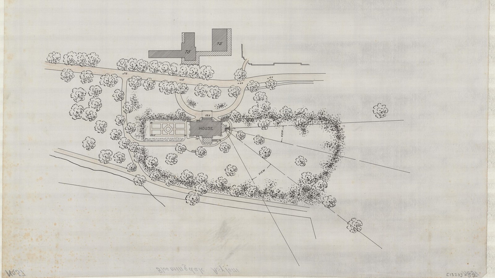 Pencil plan of large building with trees along road and trees behind building