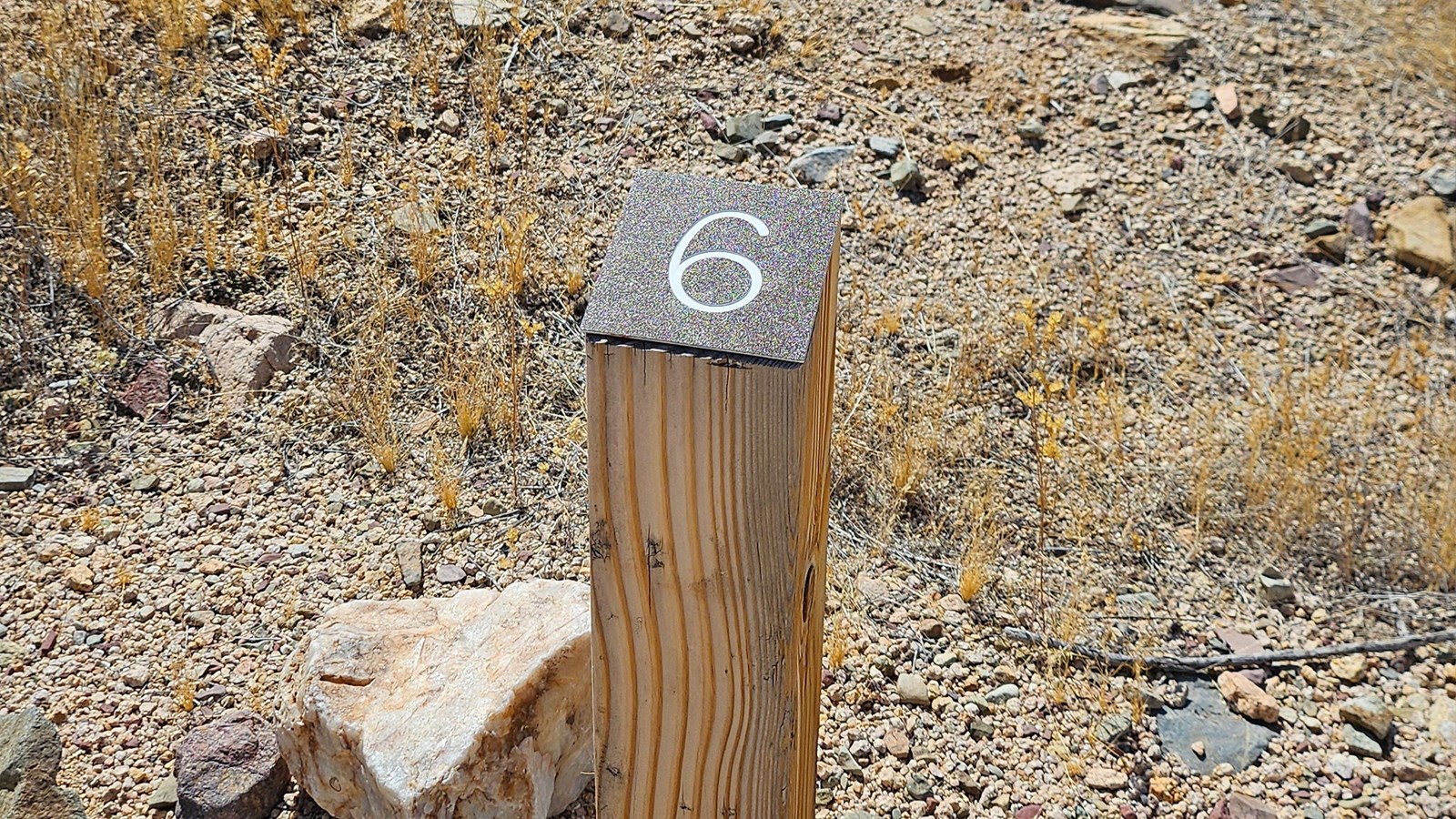 A small wood post reading 