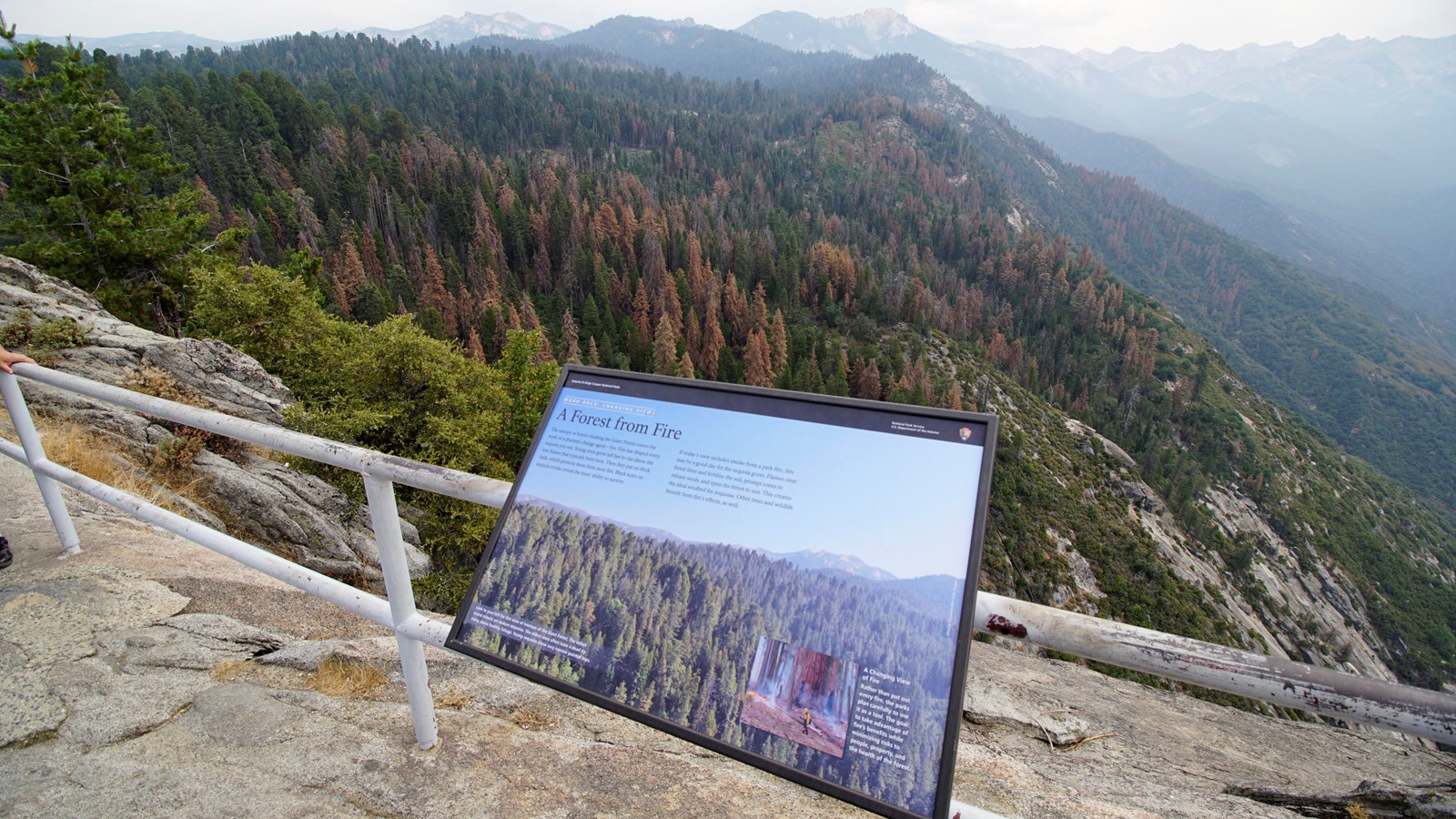 A blue metal exhibit panel is bolted to a railing high upon Moro Rock.