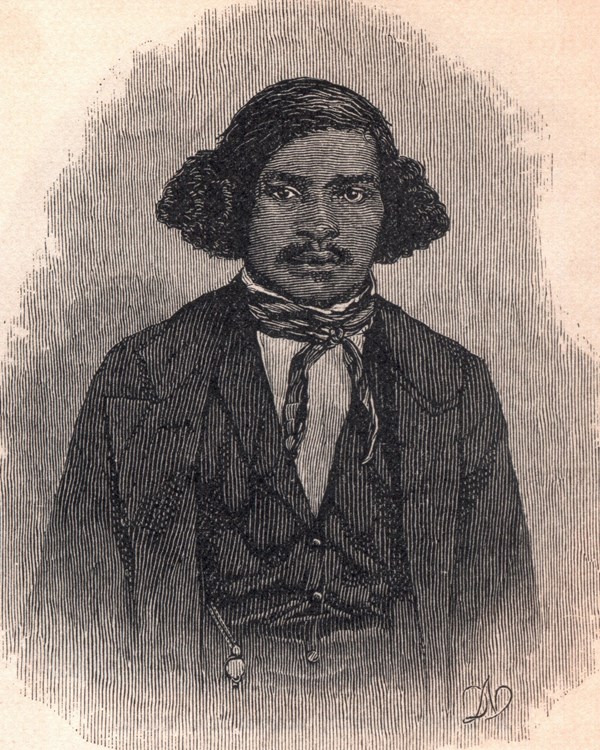 A drawing of a young man with thick black hair and dark skin tone, wearing a suit.