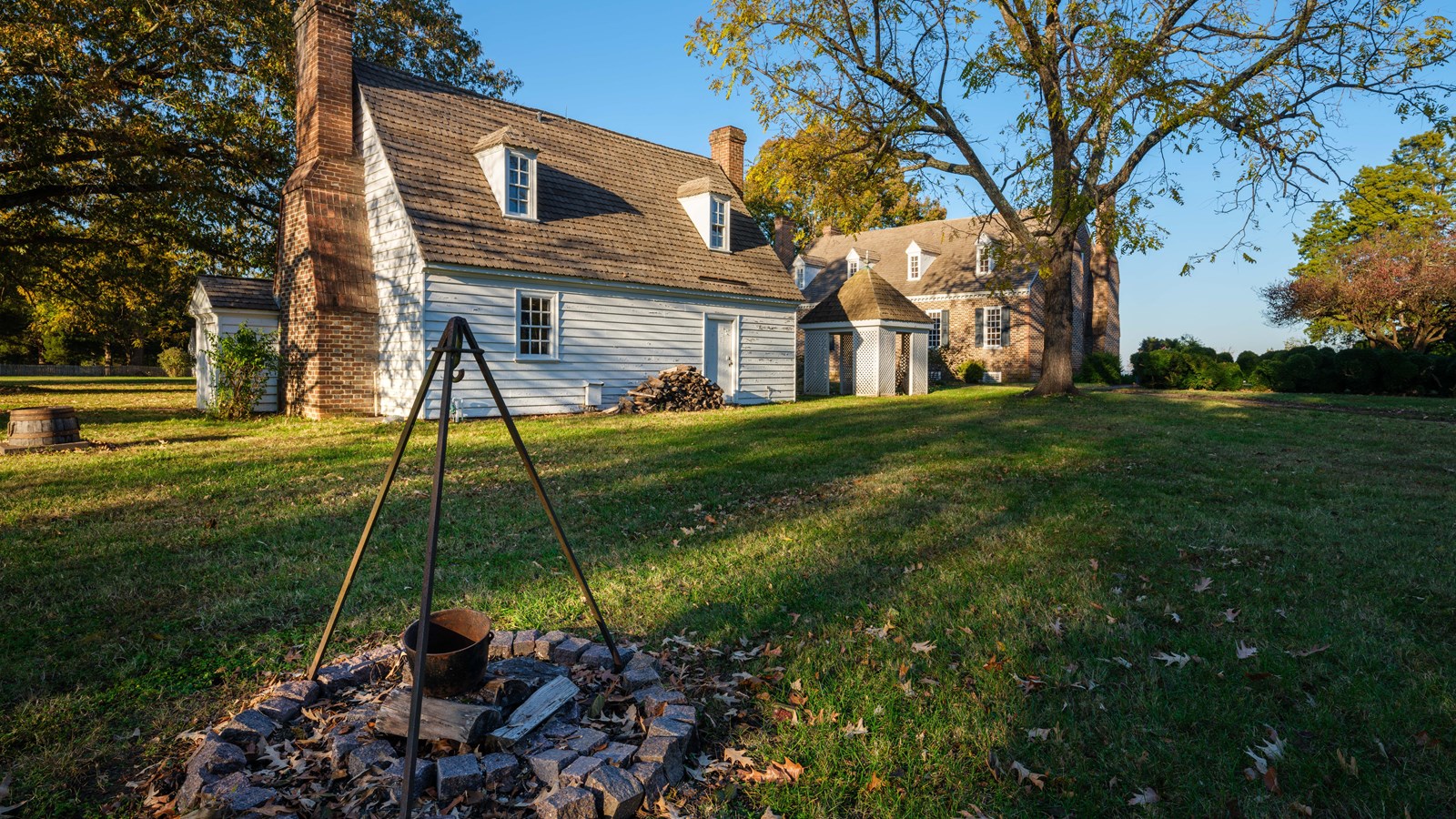 Fire ring, Colonial Kitchen, and Memorial House Museum at George Washington Birthplace