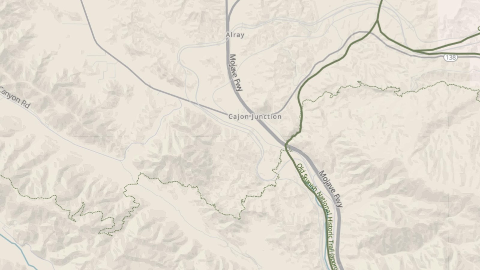 A map of the Cajon Pass area, showing the Old Spanish Trail, Interstate 15, Highway 138, and the PCT