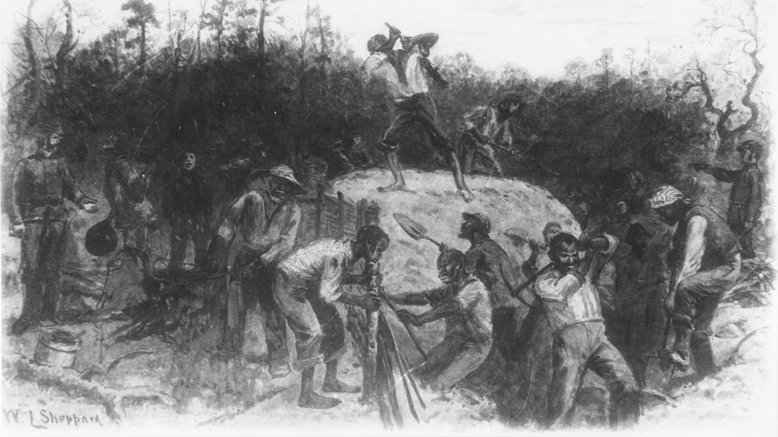 Historic sketch of slaves digging earthworks