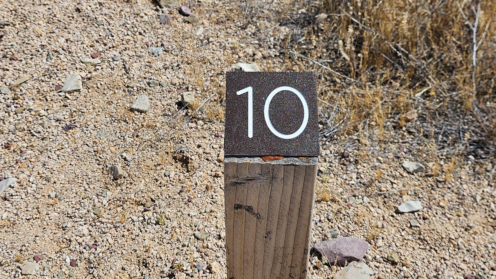 A small wood post reading 