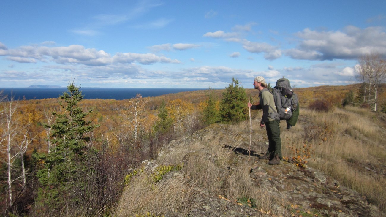 A person with a backpack and a stick stands on an exposed ridge overlooking a forest and a lake. 