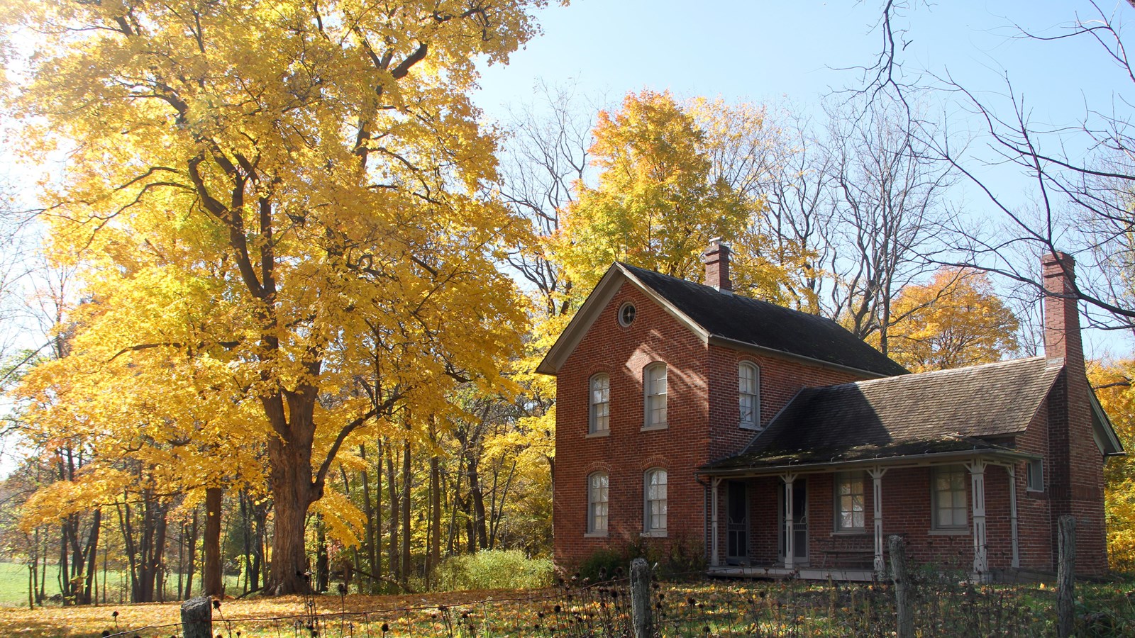 Leaves of yellow and gold surround the red brick farmhouse.