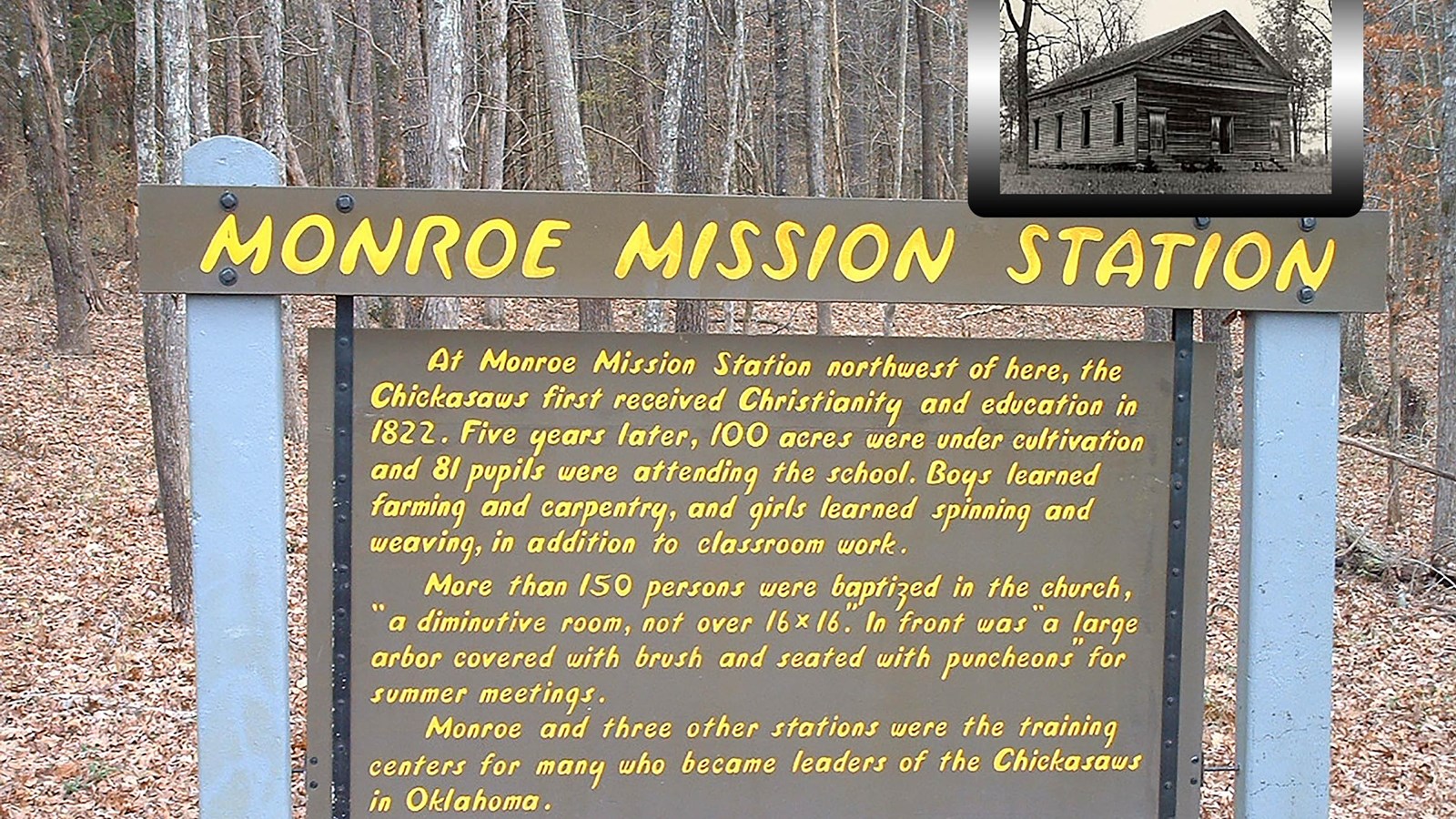 The routed sign with text listed on the page with an insert of a small aged clapboard building.