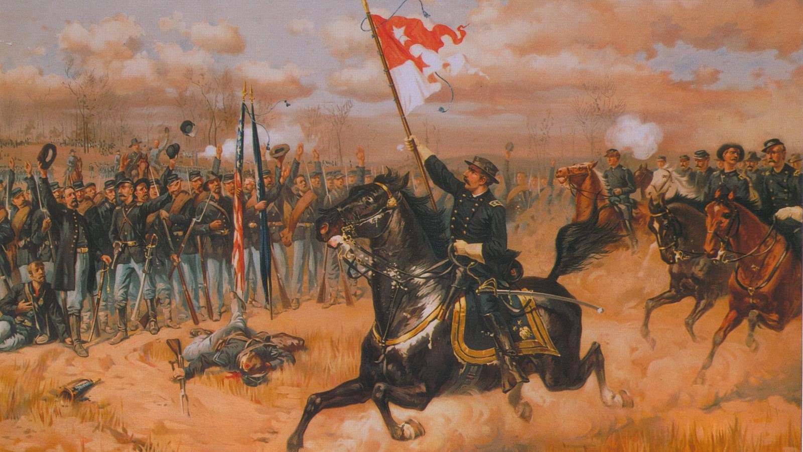 An 1880s color print depicts a general riding a horse and waving a flag past cheering soldiers.