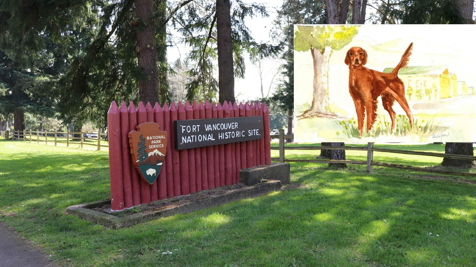 The entrance sign to the Fort Vancouver Visitor Center with an inset drawing of an Irish setter.