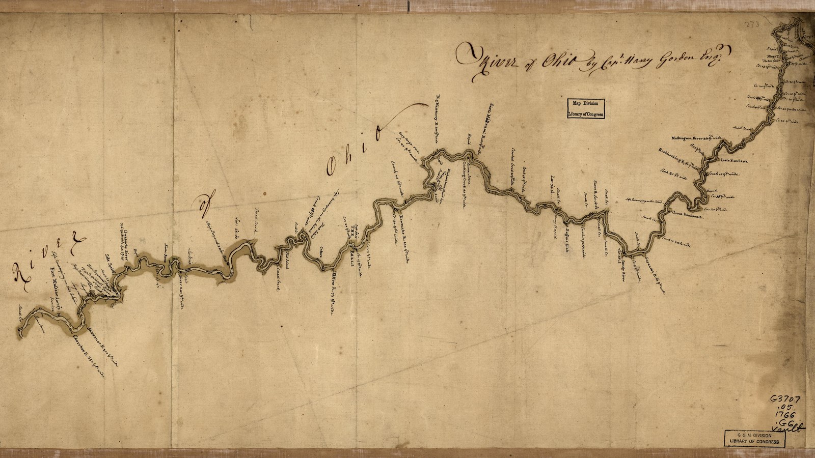 Sketch of Ohio River, tributaries, and nearby settlements, in ink.