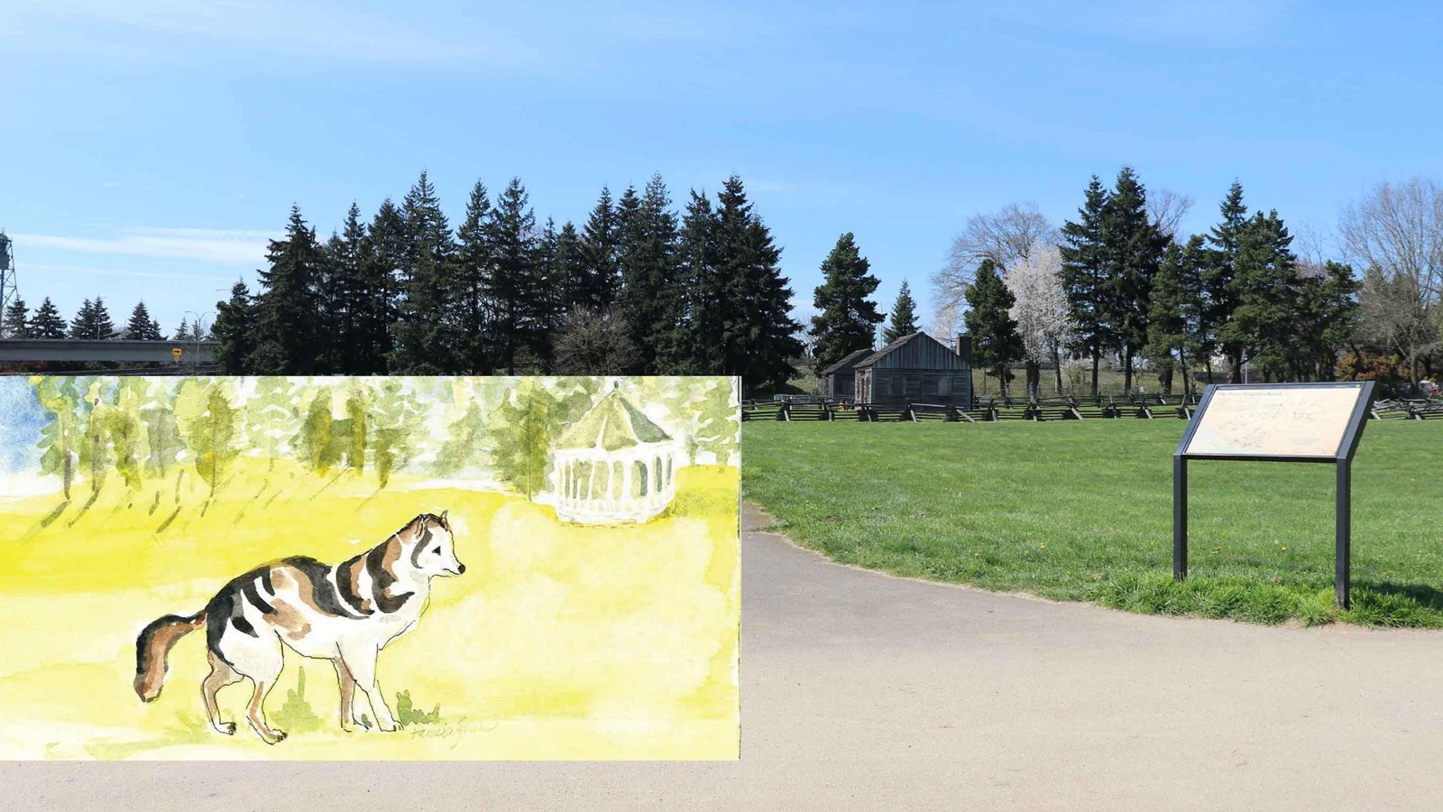 An intersection of trails leading towards a small cabin with an inset drawing of a Husky-like dog.