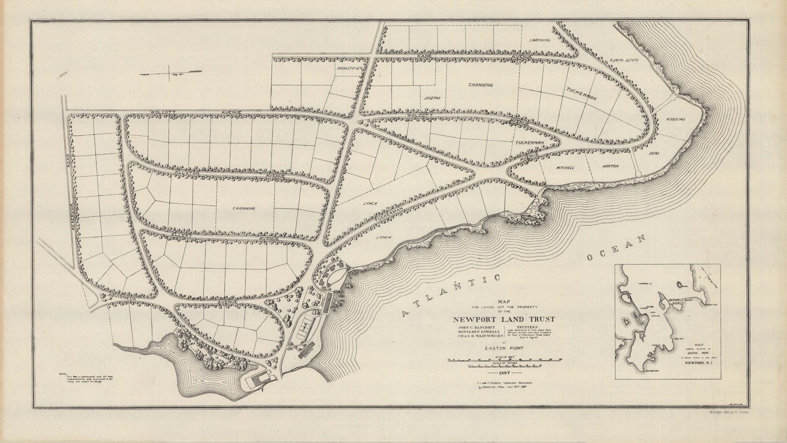 Pencil plan of community with tree lined curving roads with lots for homes, community along water