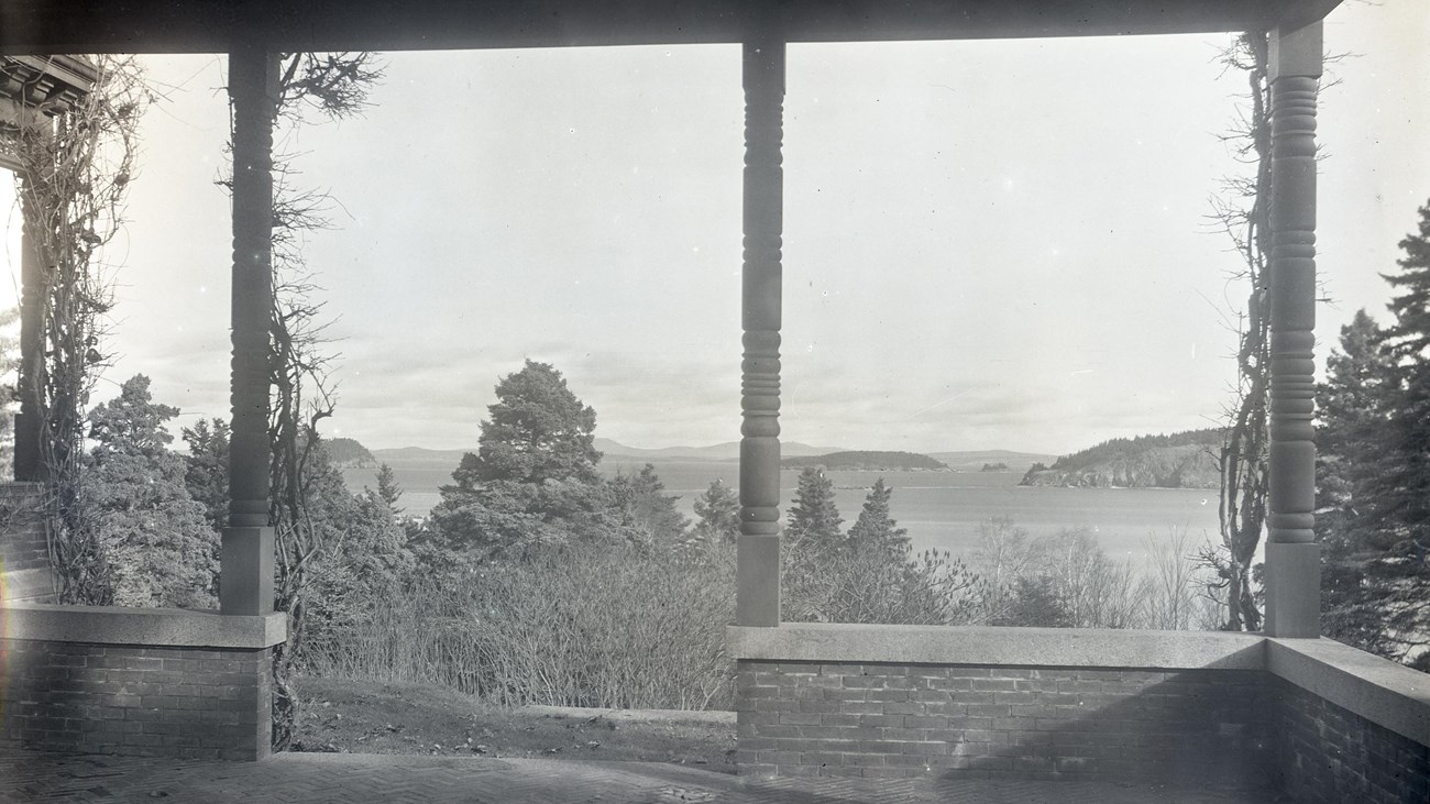 View from a covered patio across trees in foreground of a harbor and islands in the distance