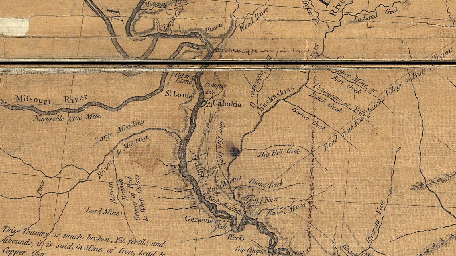 Map depicting rivers, simplified topography, a few pathways, and villages. Commentary written in scr