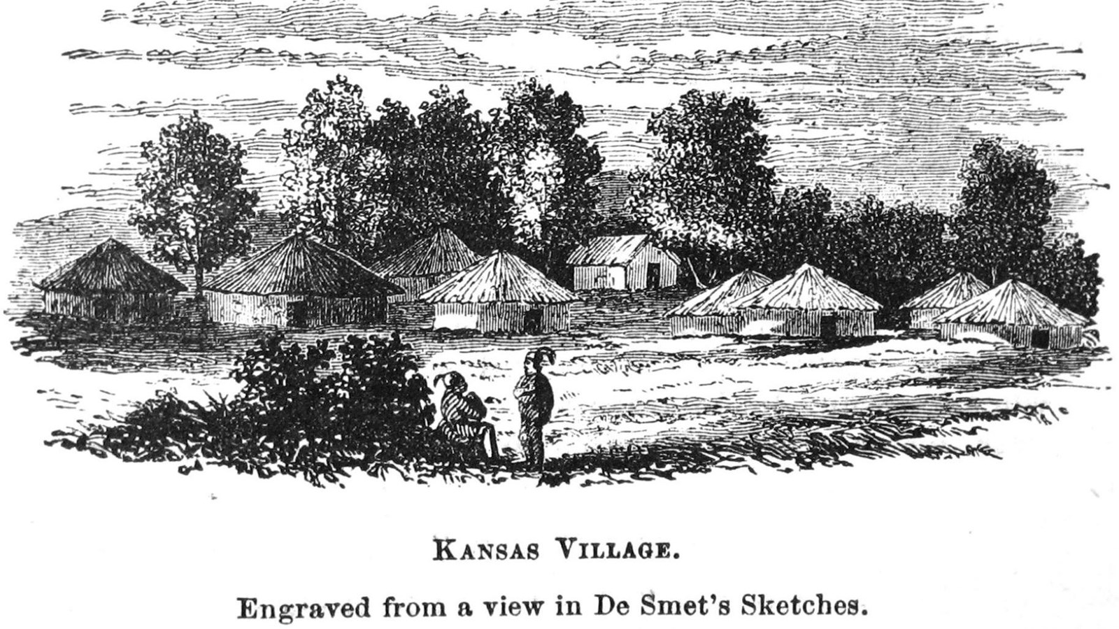 Engraved drawing of a Kaw Village showing rounded buildings and thatched roofs. Two figures are visi