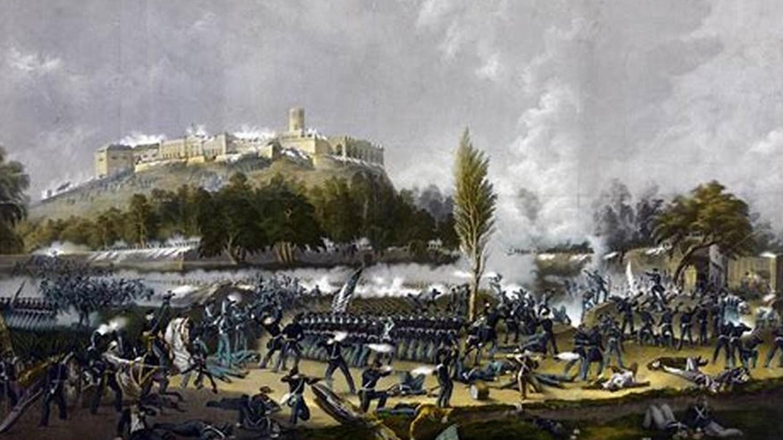 Color lithograph of a battlefield with forces exchanging fire with a fortress on a hill above