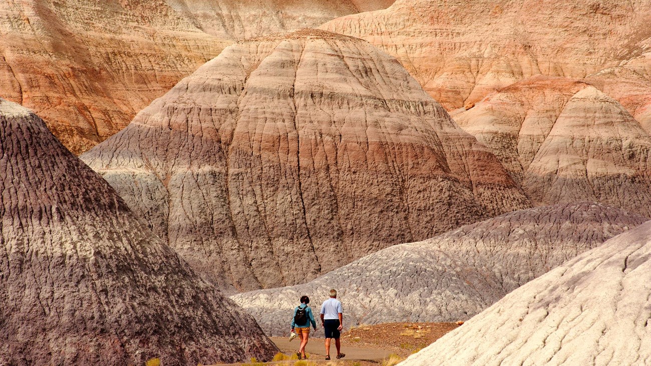 Two hikers walk amidst gray, blue, and purple badlands along a trail