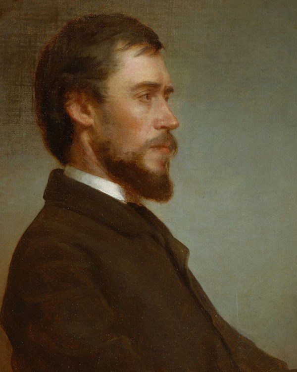A painted profile portrait of a bearded man.