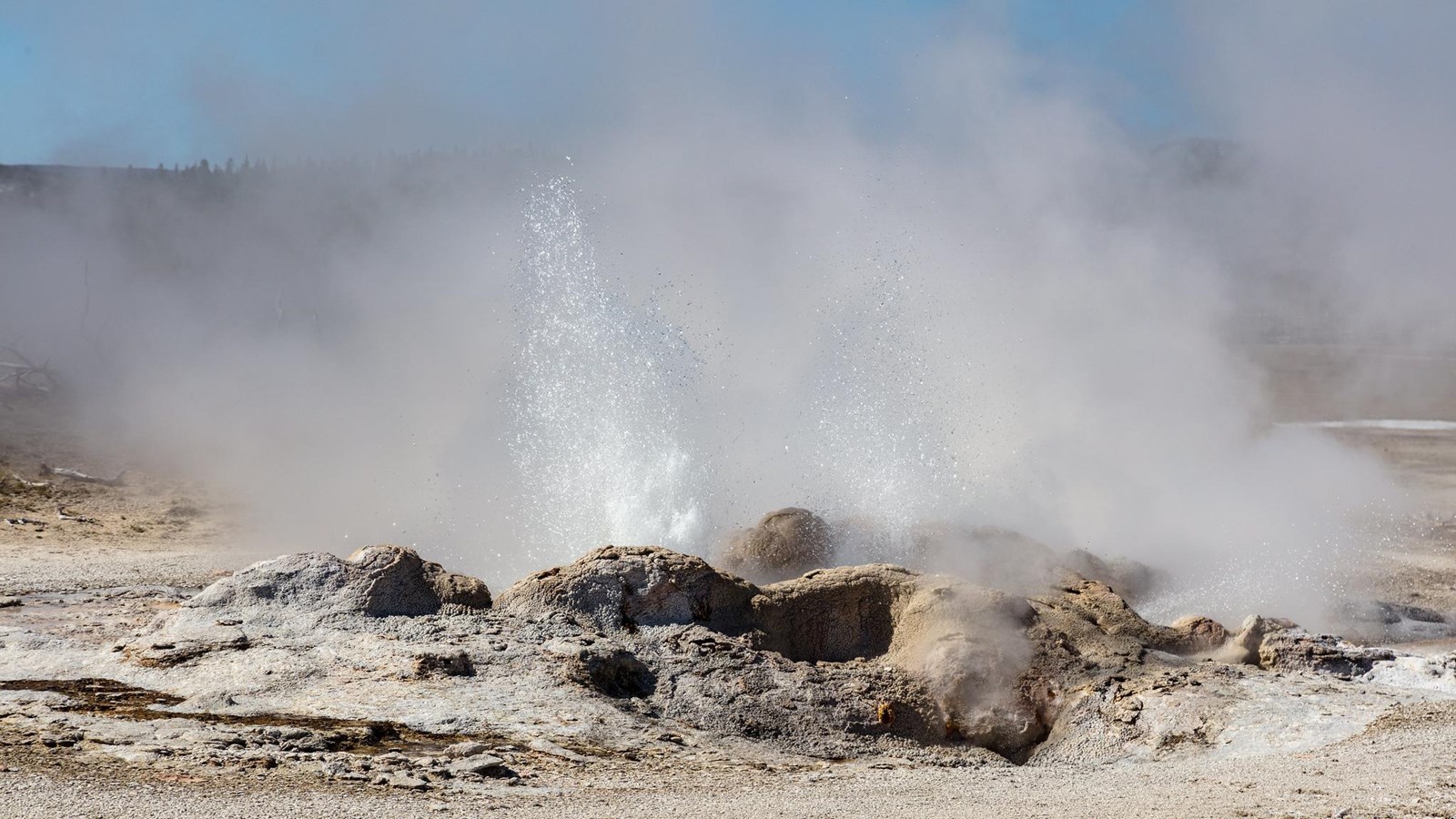 Water splashes into the air and steam rises during the eruption of a small geyser.
