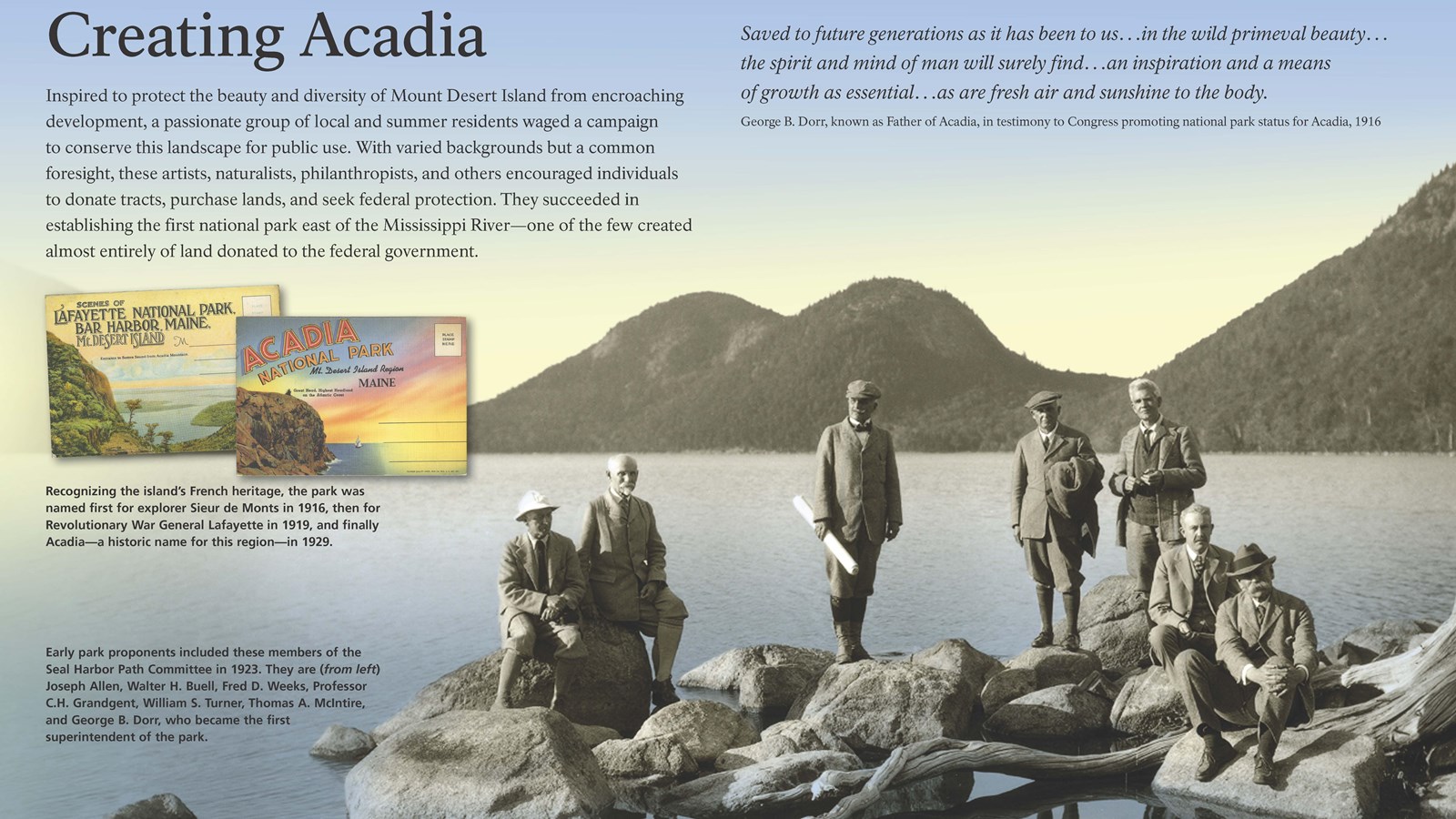 Title: Creating Acadia in bold; background image of multiple 19th century men standing front of pond