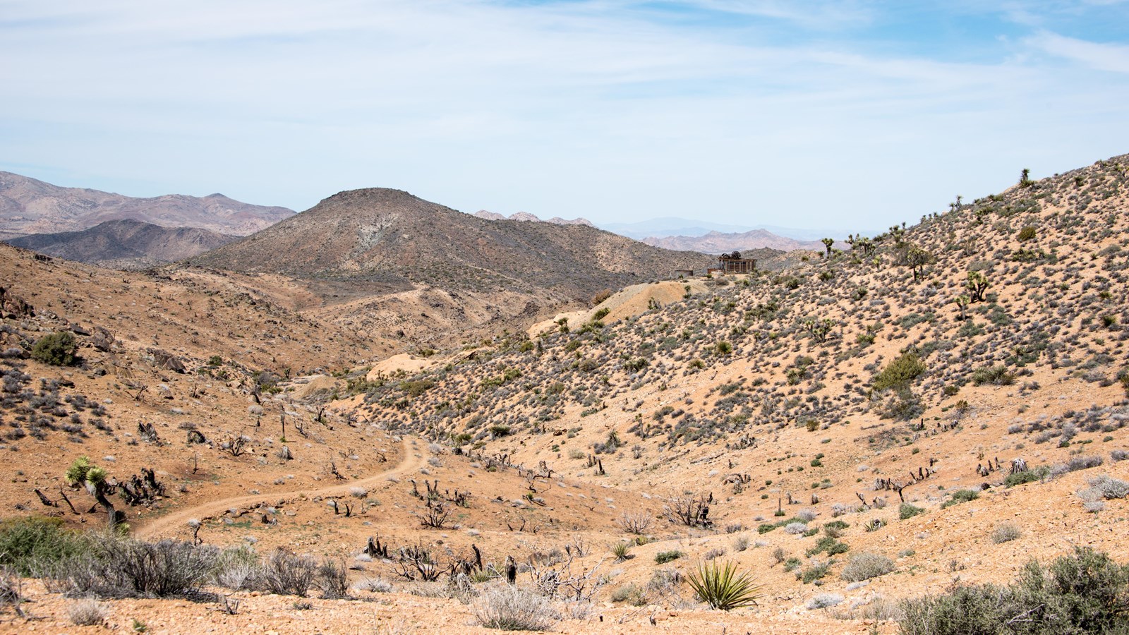 Rugged mountains with scattered shrubs and rocks. In the distance stands wooden remains of a mine.