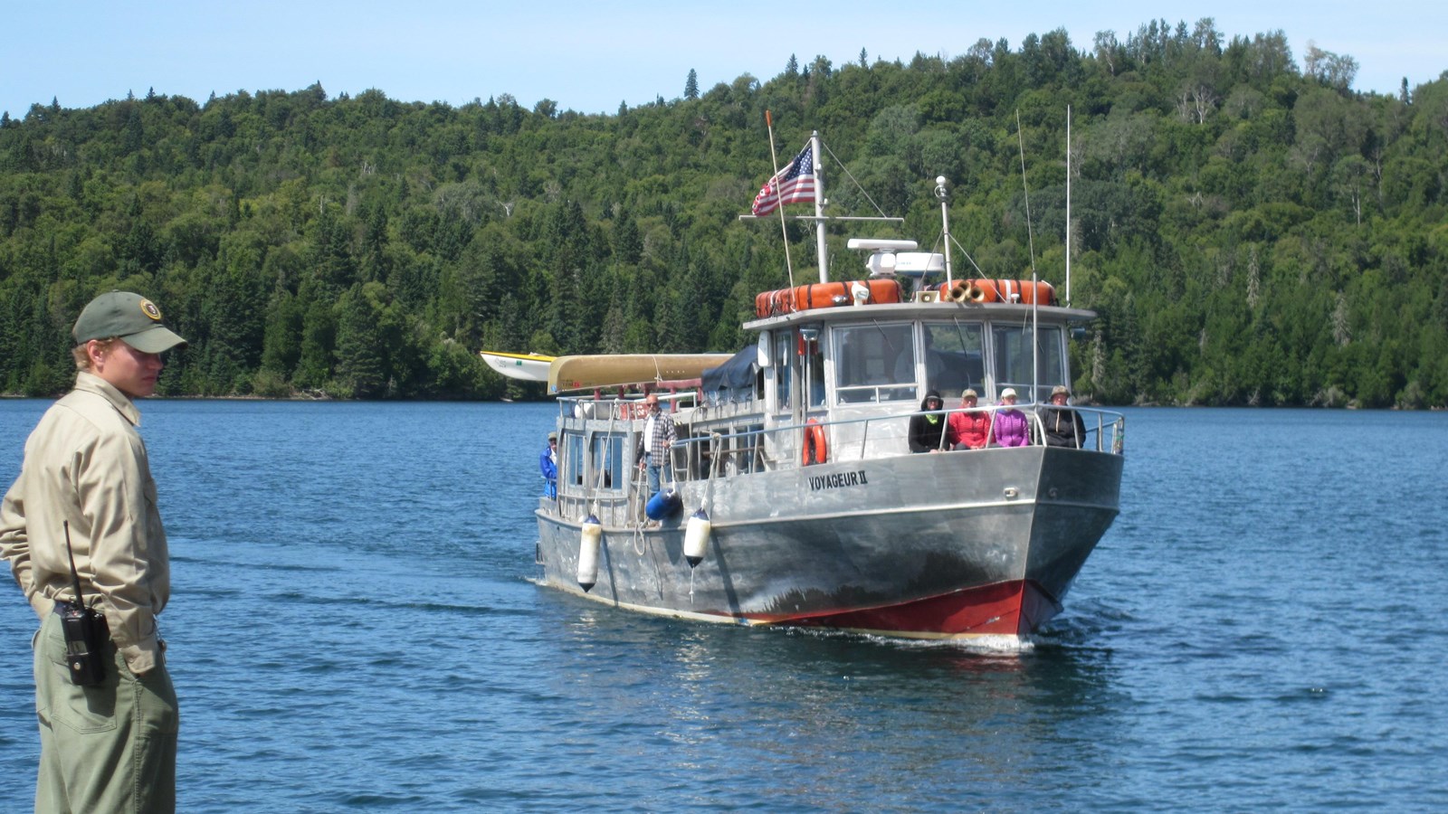 The VOYAGEUR II arrives at the Windigo dock at Isle Royale. 