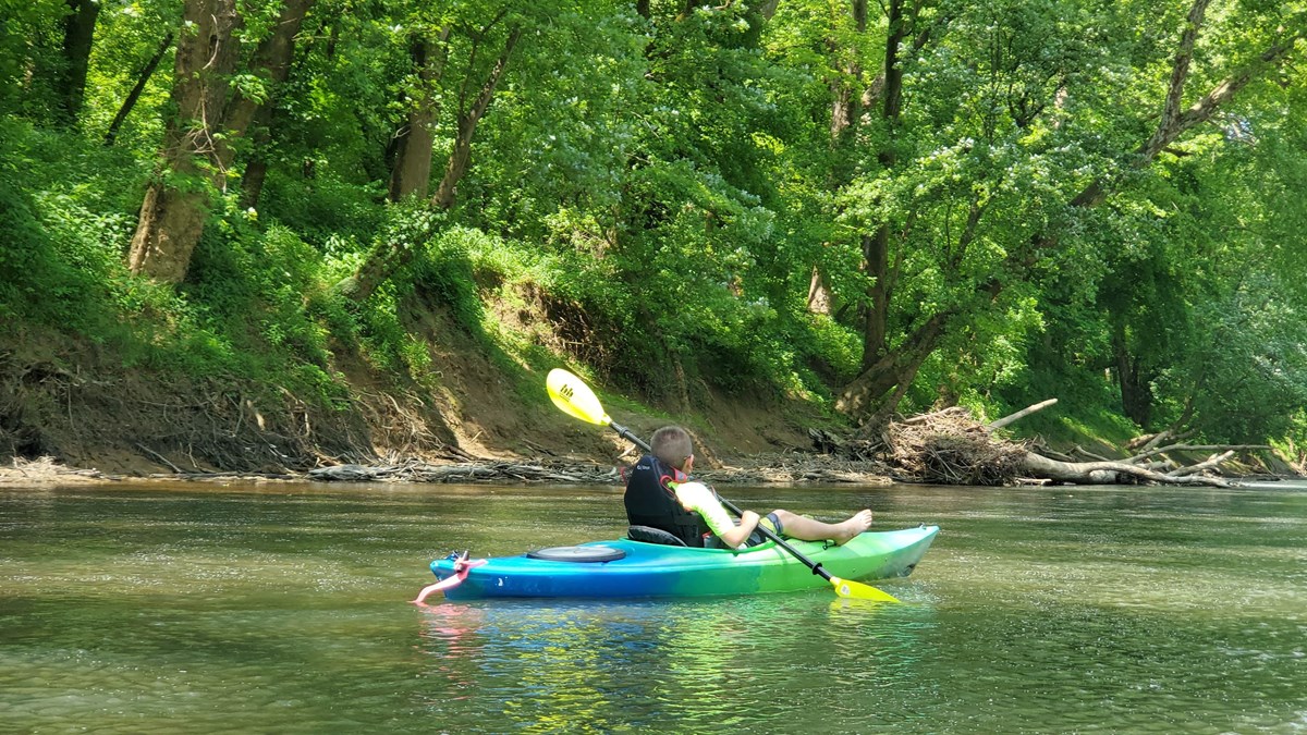 A child paddling a kayak along a river