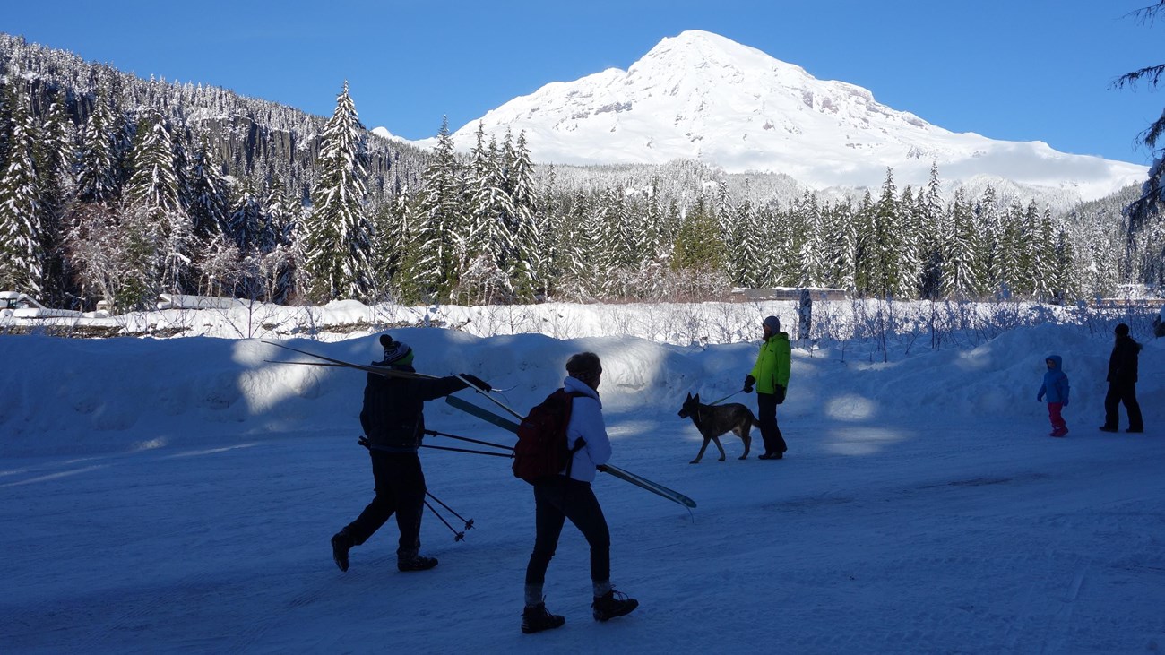 Several people walk along a snowy road in front of a view of a snow-covered mountain and forest.