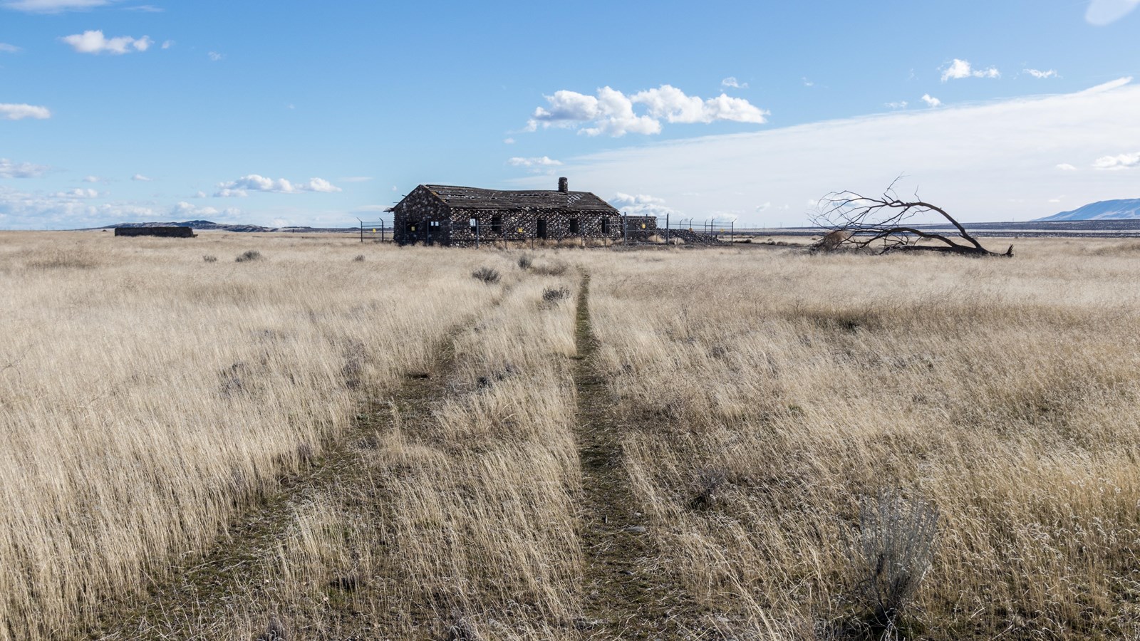 Color photograph of a large house at the end of a large field of tall tan grass 